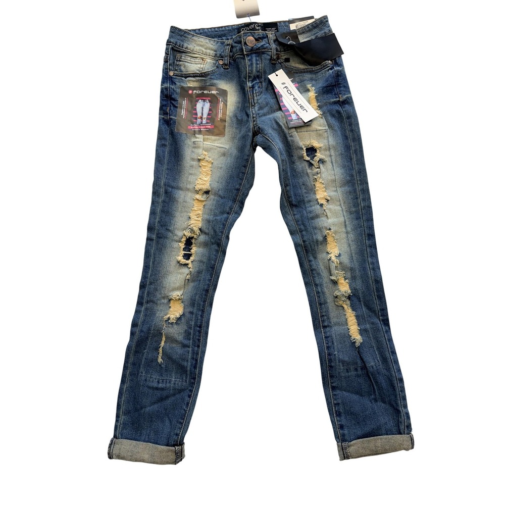 Cover Girl Skinny Jeans Juniors 3/4 Blue Med Wash‎ Mid Rise Distressed 27x29